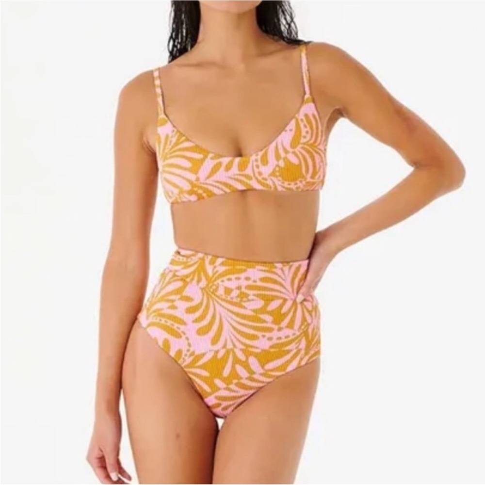Rip Curl Pink and Mustard Leaf-Print High-Waist Bikini